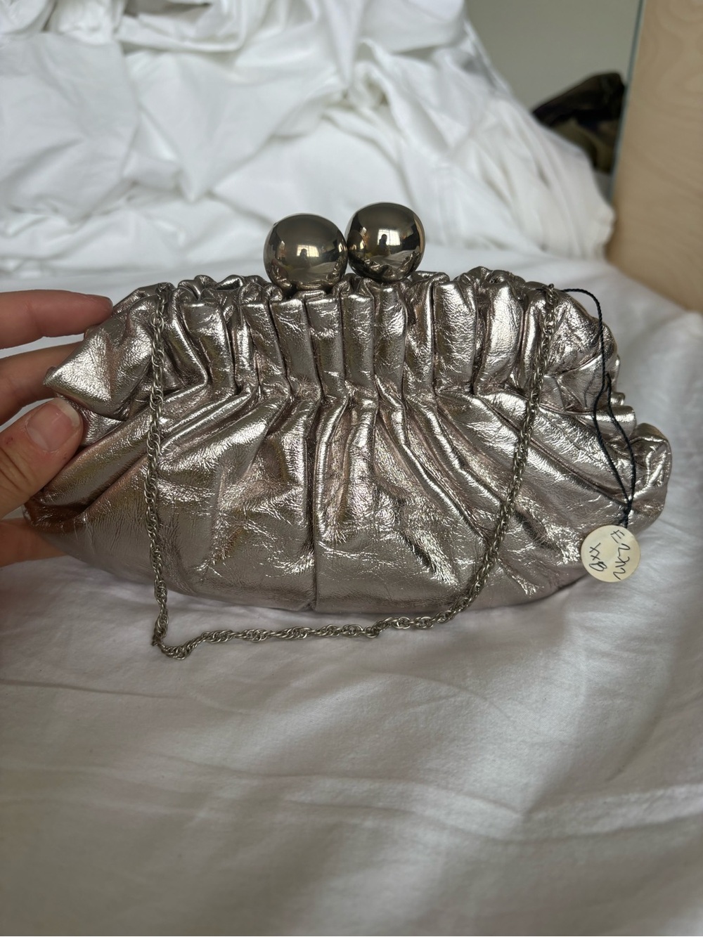 Metallic Silver Ruched Clutch with Chain Strap